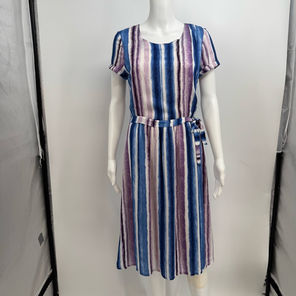 BRORA Striped Belted Dress Size 8 Short Sleeve Lined Made in Portugal